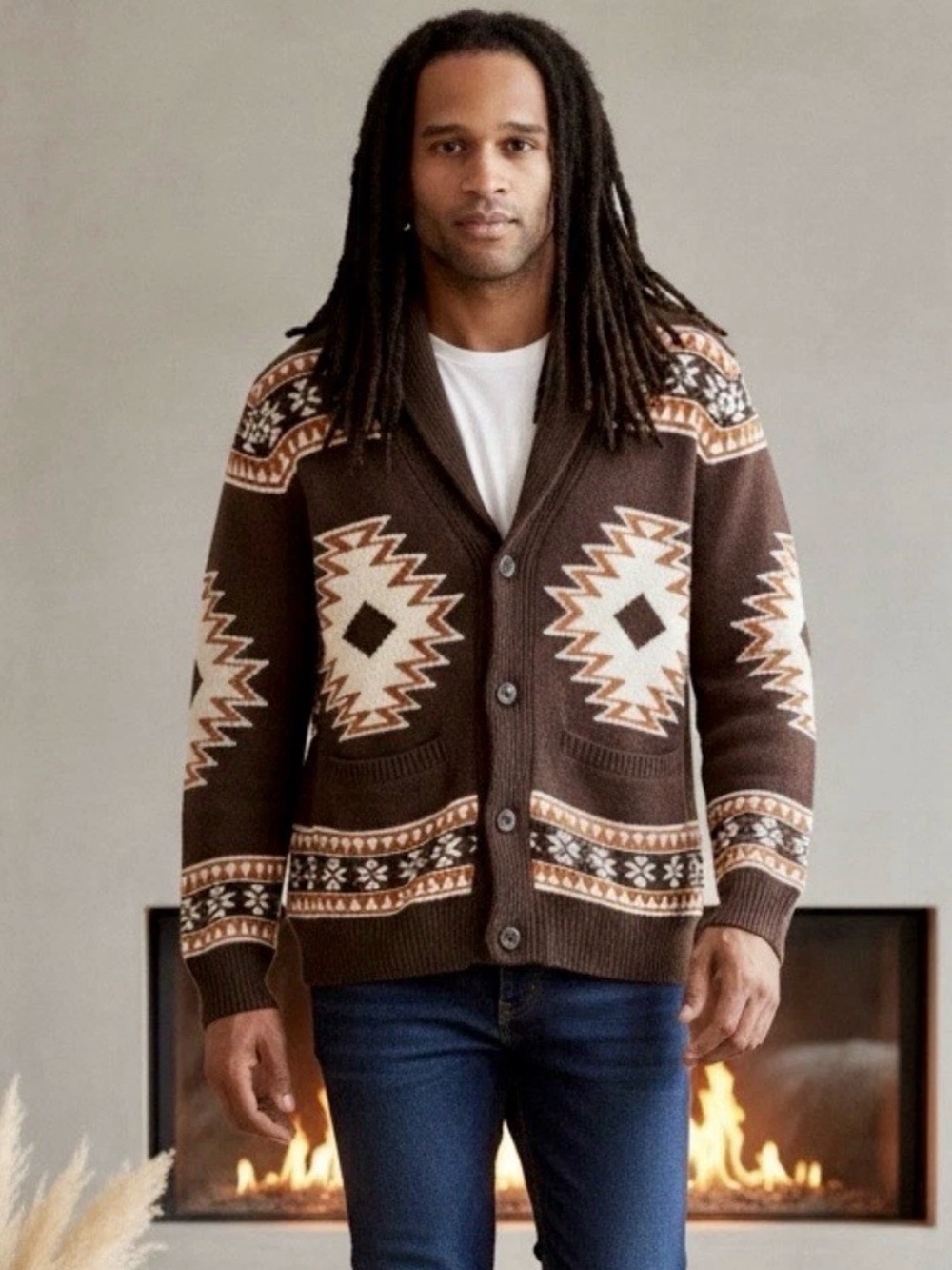 NWT Telluride Men L Brown Geometric Aztec Shawl Collar Cardigan Sweater Jacket